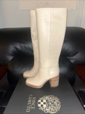 Vince Camuto Cream Leather Over-the-Knee Block Heel Boots